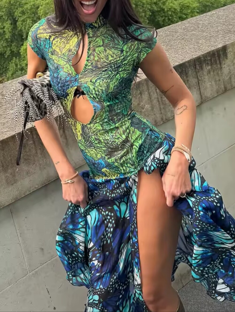 Sexy Print Hollow Out Women's Dress Pleated Patchwork Hip Package Sleeveless Fem